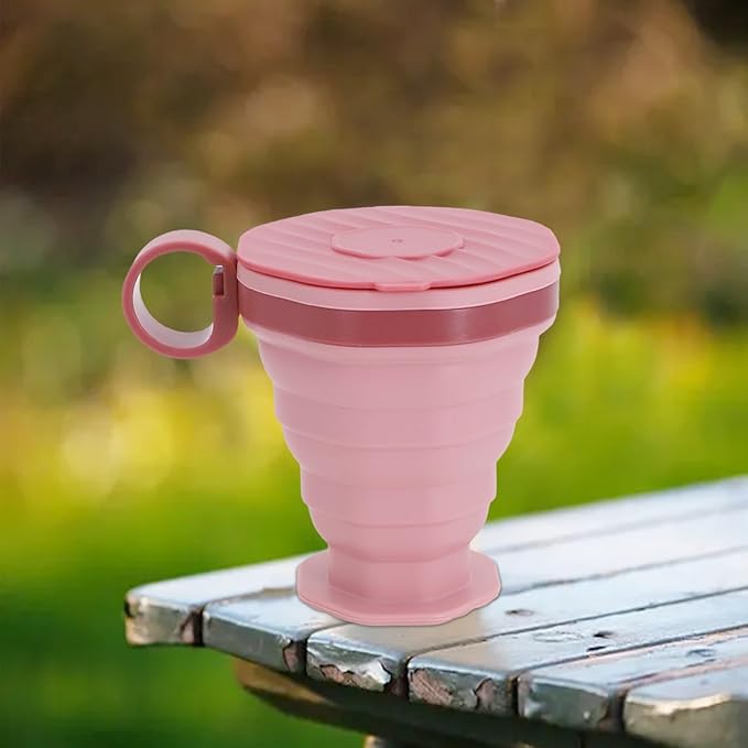 Foldable Silicone Water Cup with Lid, Portable Collapsible Coffee Mug for Travel Camping Hiking, Leak Proof Hot Cold Drinkware, Gray(Pink)