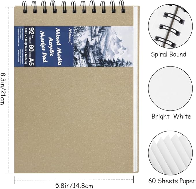 8.3x5.8 Sketch Book, Top Spiral Bound Sketch Pad, 60sheets 92lb/150gsm Bright White Paper, Acid-Free Mixed Media Paper for Painting, Dawing & Art Supplies. B-Beige