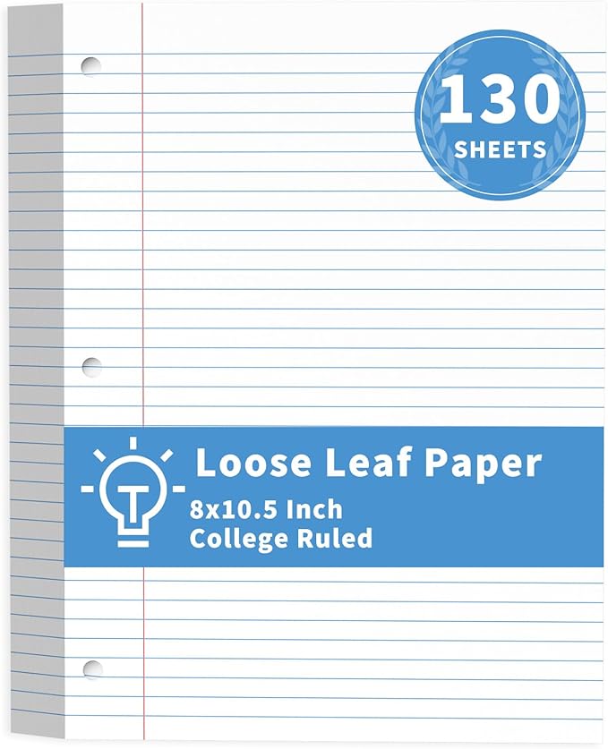 130 Sheets Loose Leaf Paper College Ruled Notebook Paper 8 x 10.5 Inch 3-Hole Punched Lined Paper for Binders 8 x 10-1/2 Loose-leaf Paper, White 3 Ring Binder Paper Filler Paper for School Office Home