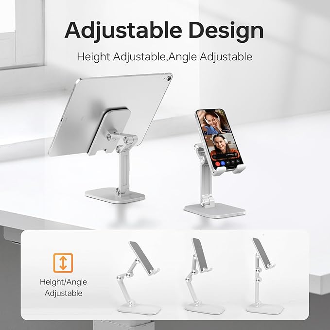 Foldable Phone Stand for Desk - Adjustable Height & Angle Cell Phone Holder, Portable Tablet Stand with Anti-Slip Base for Home, Office, and Travel, Compatible with iPhone & All 4-11" Devices (White)