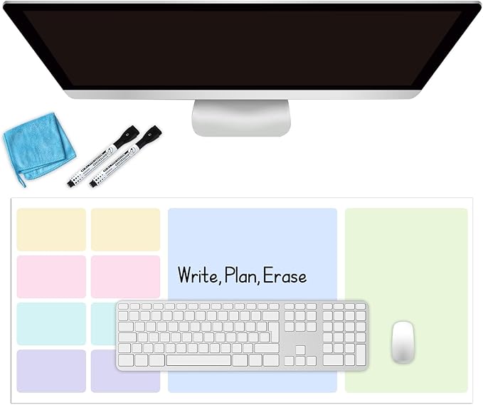 Dry Erase Desk Mat, Large Mouse Pad, Erasable Writing White Board for Making Plans, Self Adhesive Desktop Protector with 2 Wet Erase Markers & 1 Eraser for Home Office School 36"x16" (Pastel)