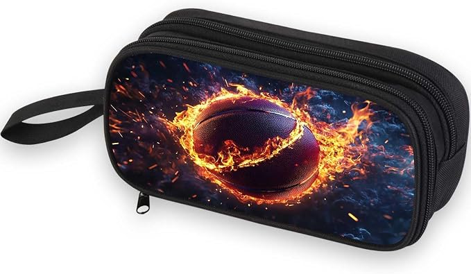 Firmiso Kids Pencil Case, Flaming Basketball Graphic, Large Capacity Double Zipper Pencil Pouch with Compartments, Durable Polyester School Supplies Organizer, Pen Bag for Boys Girls Students