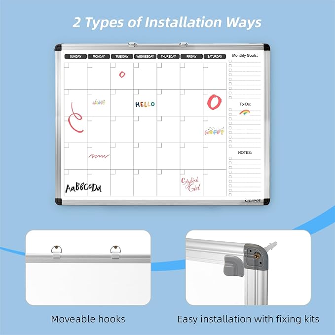 Whiteboard Dry Erase Calendar for Wall, Weekly & Monthly Planner, 36" x 24", Double-Sided, for Office, Home and School