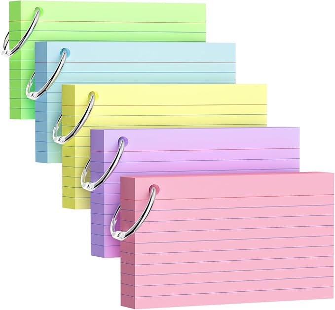 250 Count Index Cards 3x5 Inch with Key Ring, 180gsm Heavy Weight Colored Flash Cards 5 Color Assortment (50 Sheets Each) Note Taking for Students, Study Note Cards for Office School Supplies