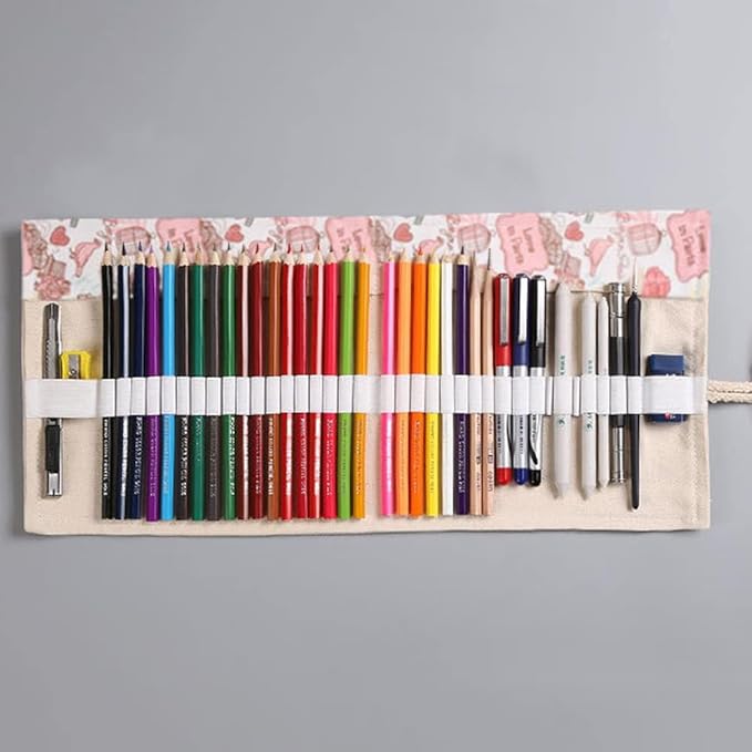 DIYOMR 12/24/36/72 Slots Pencil Wrap Pencil Rolls, Artist Colored Pencils Roll Up Bag Short Brushes Pouch Case Pencils Organizer for Drawing Coloring and Sketching, No Pencils (Paris Tower, 12slots)