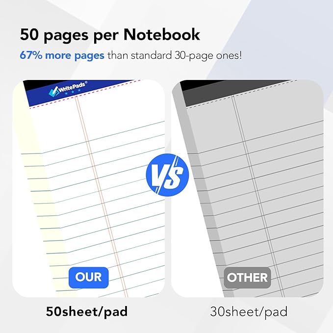 6 Pack Legal Note Pads Wide Ruled 8.5" x 11" Writing Pads (50 Sheets/Pad) White Recycled Paper Micro-Perforated Notepad Hard Back Notepads for Office & School Supplies - Made in USA