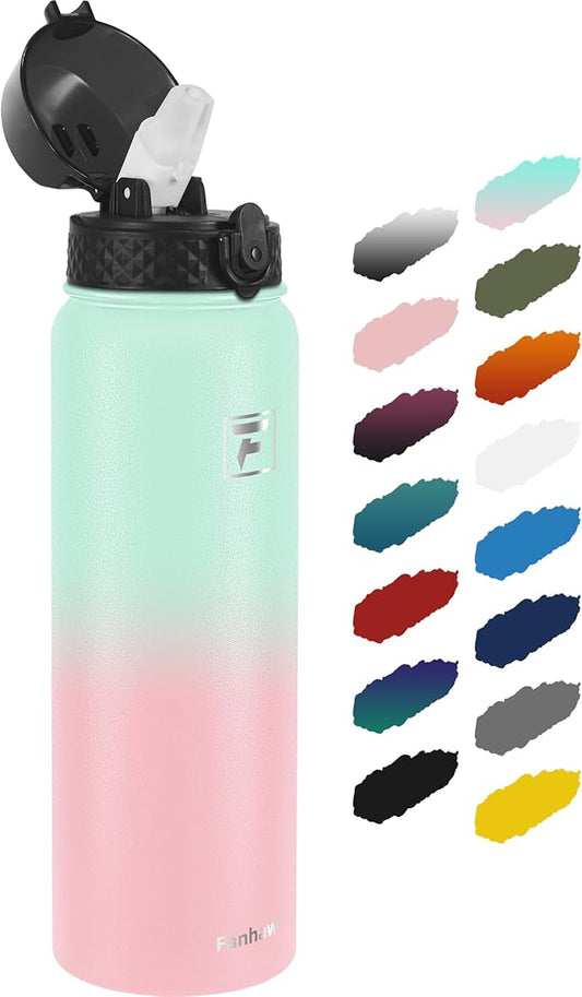 Fanhaw 40 Oz Insulated Stainless Steel Water Bottle with Straw Lid, Leakproof Extra-Large Sports Bottle for Men & Women (Green Pink)