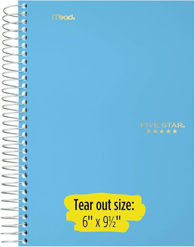 Five Star Spiral Notebook, 5 Subject, College Ruled Paper, 9-1/2" x 6", Blue (73659)