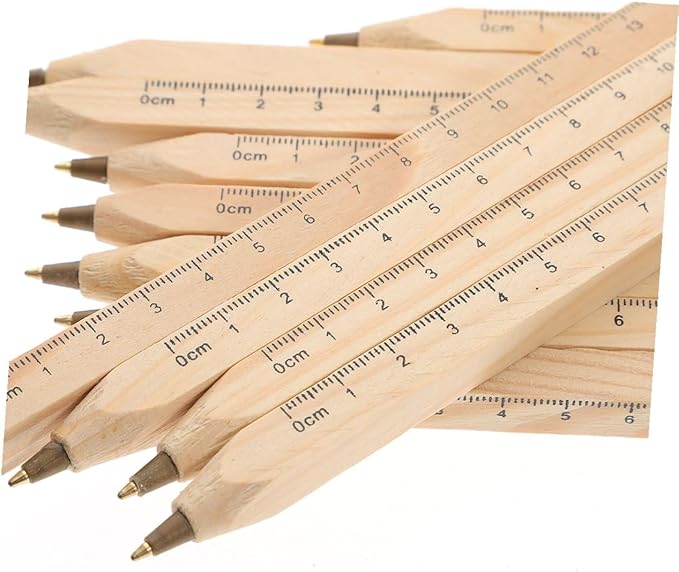 INOOMP 6pcs Black Ink Wooden Ballpoint Pens Natural Biodegradable Wood Signature Pens with Printed Scale Ruler for Woodwork Marking and Office Use