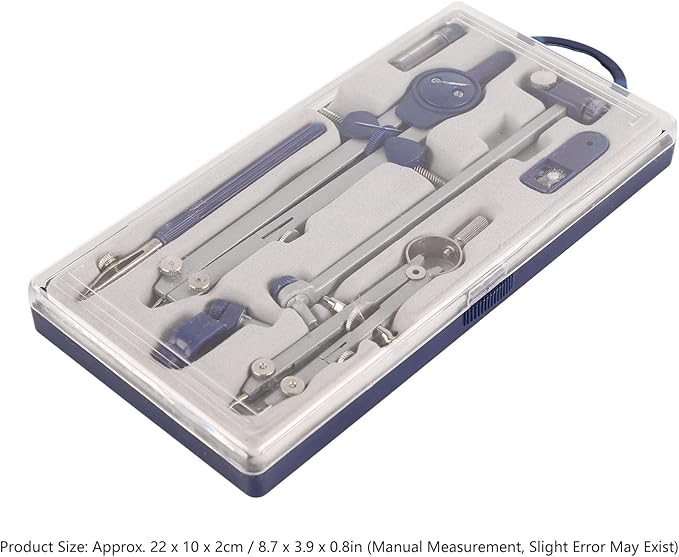 Math Geometry Kit, Metal Compass Tool Zinc Alloy Compass and Ruler Geometry Set Drawing Compass Drafting Compass with Shatterproof Storage Box for Office School Art Drawing