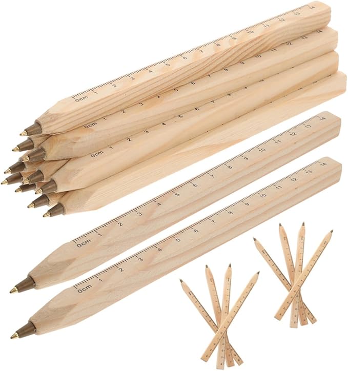 Natural Wood Ballpoint Pens with Printed Ruler 20pcs Set, Biodegradable Carpenter Woodwork Marker Pens Black for Construction and Office Use