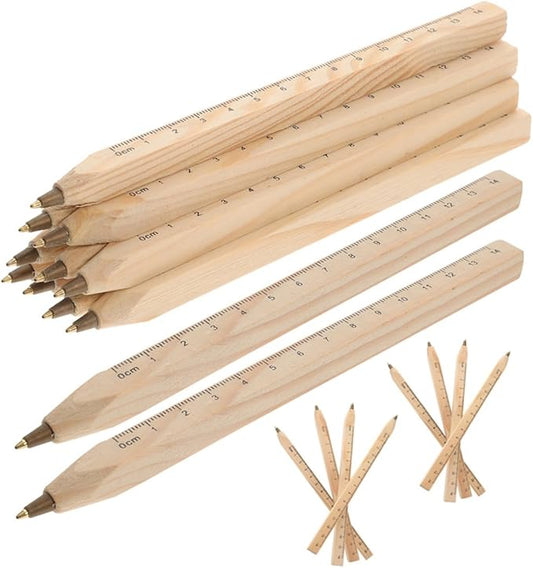 Natural Wood Ballpoint Pens with Printed Ruler 20pcs Set, Biodegradable Carpenter Woodwork Marker Pens Black for Construction and Office Use