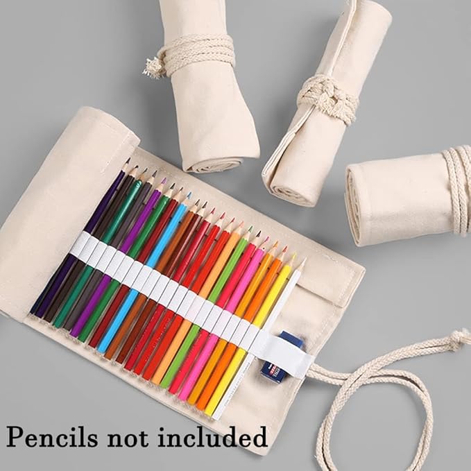 DIYOMR 24/36/72 Slots Pencil Wrap Pencil Rolls, Artist Colored Pencils Roll Up Bag Short Brushes Pouch Case Pencils Organizer for Drawing Coloring and Sketching (White, 36slots)