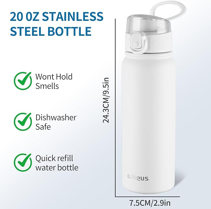 GOPPUS Insulated Water Bottle 20oz Stainless Steel BPA-Free Sports Bottle Ideal for School and Travel Silicone Spout Lid Prevents Leaks, Sweat, and Dust (White)