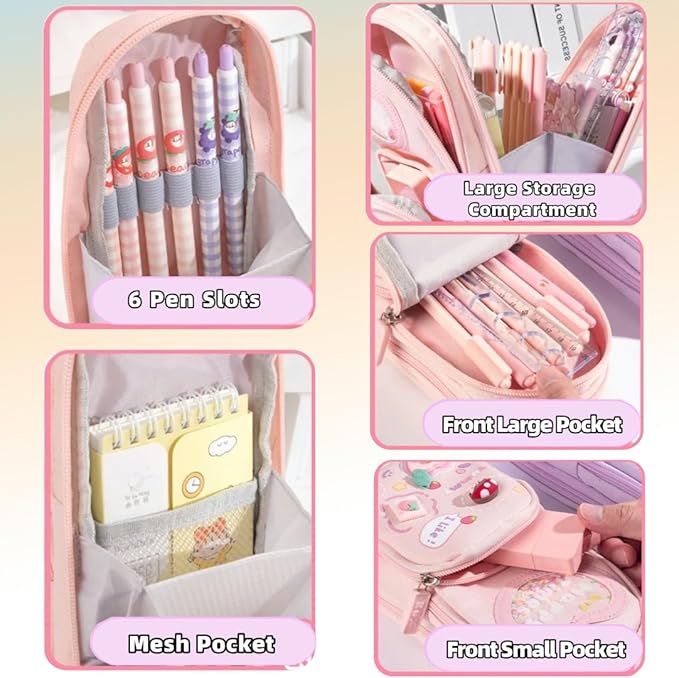 Large Capacity Kawaii Pink Pencil Case & Pencil Pouch – Cute 3-Compartment Stationery Organizer for School Supplies, Office, and Travel | Ideal Gift for Girls and Art Lovers
