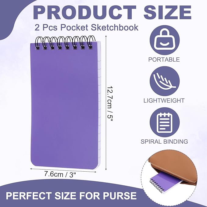 PATIKIL 3x5" Pocket Sketchbook, 2 Pcs Top Spiral Notebook Mini Lined Notebook Memo Pads 80GSM 60 Sheets/120 Pages Hard Cover Portable for Office Outdoor Travel Journal Draw, Purple