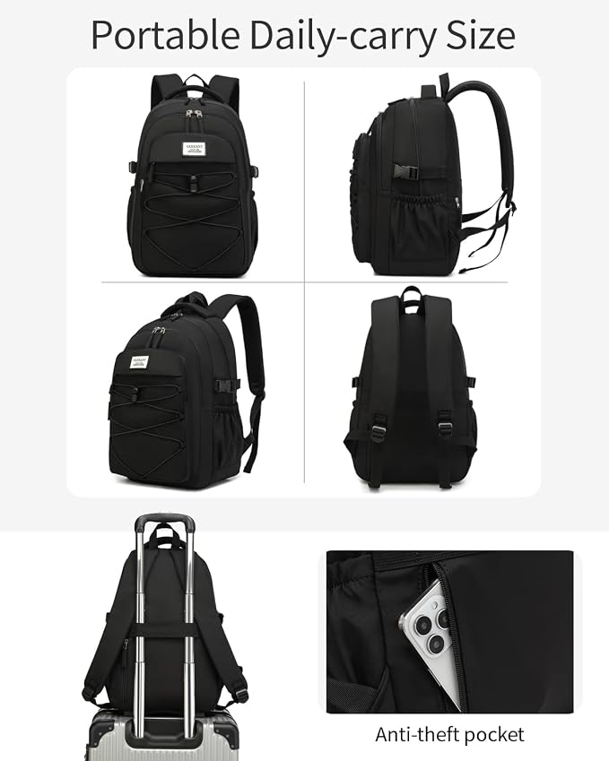 Black Backpack for Teens, Girls School Bookbag Aesthetic 17.3in Laptop Backpack for Commuter Women Students Middle High School, Black