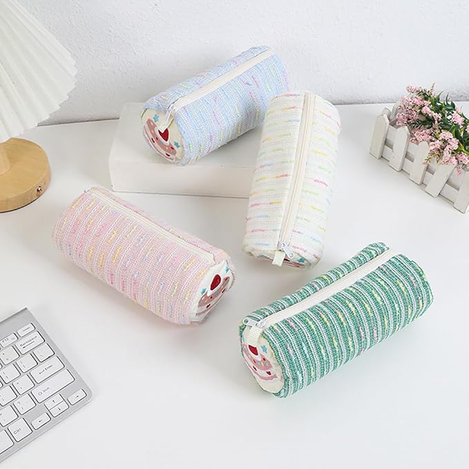 Cute Striped Pencil Case for Girls Large Capacity Aesthetic Pen Pouch with Zipper Stationery Organizer Bag for School Office Durable Pencil Box for Teens Students Women Kids (Cylinder-Green)