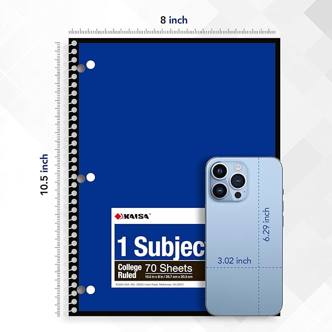 KAISA 1 Subject Spiral Notebooks, 6 Vibrant Color Options, 8 Pads Per Color – Abundant Stock for All Your Needs 70 Sheets College Ruled 10.5"x8" Paper, Note Books Home School Supplies for Students Office, 1Carton of 48pcs