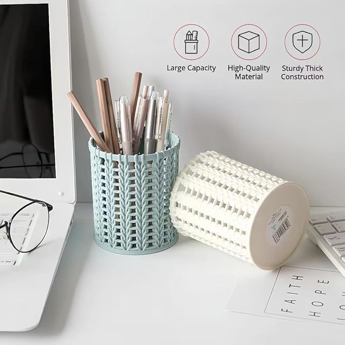 Hand-woven Style Pen Holder for Desk Cute Office Supplies Cubicle Decor Kawaii Workspace Accessories Boho Makeup Organizer for Women Girls Pencil Cup Aesthetic Caddy for Home Office (White)