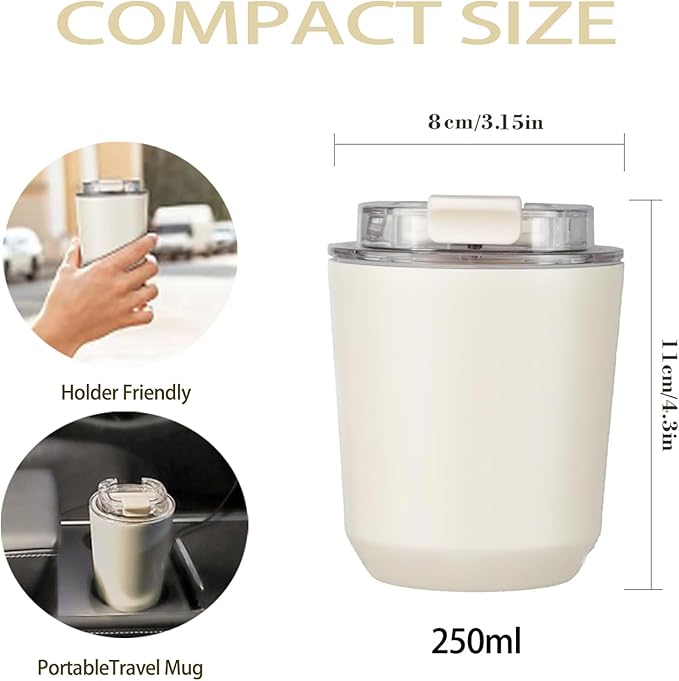 DEQIANG Travel Coffee Cup, Coffee Cup Travel with Lid, Insulated Coffee Mug for Hot & Cold Beverages, Great Gift Choice for Coffee Lovers, Office Workers, Hikers & Commuters (White, 8.5 oz)