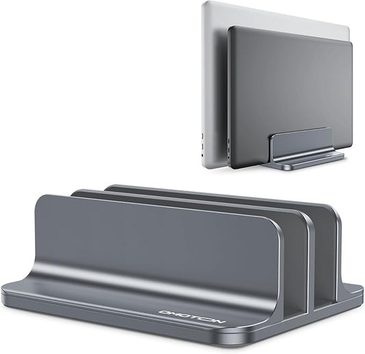 OMOTON Vertical Laptop Stand [Updated Double Version], Desktop Aluminum Mac Book Stand with Adjustable Dock Size, Fits All Mac Book, Surface, Chrome Book and Gaming Laptops (Up to 17.3 inch) (Grey)