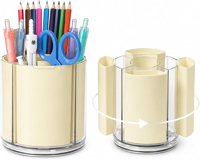 360° Rotating Pen Holder for Desk Adjustable Pencil Organizer, Beige | Plastic Pen Cup for Women Cute Office Supplies and Accessories Desktop Storage Box Art Caddy for School, Work, Home