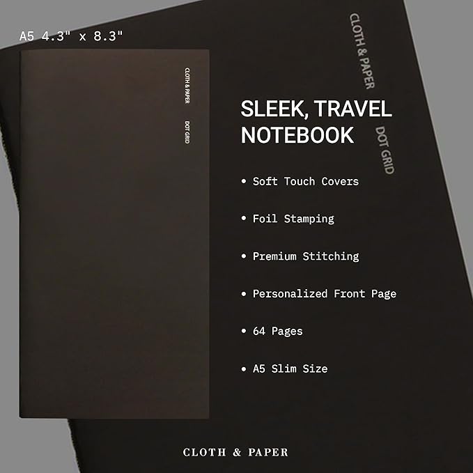Cloth & Paper Travel Notebook | Dot Grid Journal – Avant Garde | A5 Slim Dotted Notebook 4.3" x 8.3" | Bullet Journal for Planning, Sketching & Creative Notes for Work or School – Soft Touch Cover