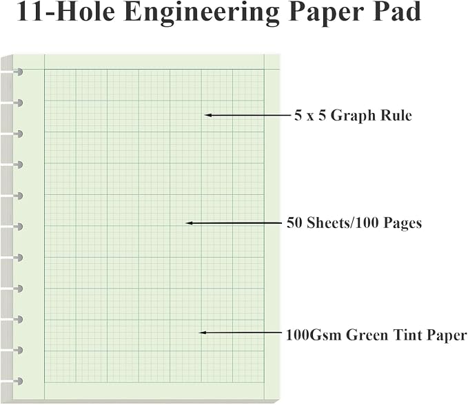 Yaridar (3-Pack) Letter Size Discbound Engineering Paper - 150 Sheets/300 Pages Graph Paper, 11 TUL Disc 100Gsm Green Tint Paper, 5 x 5 Graph Rule on Back, 8-1/2" x 11"