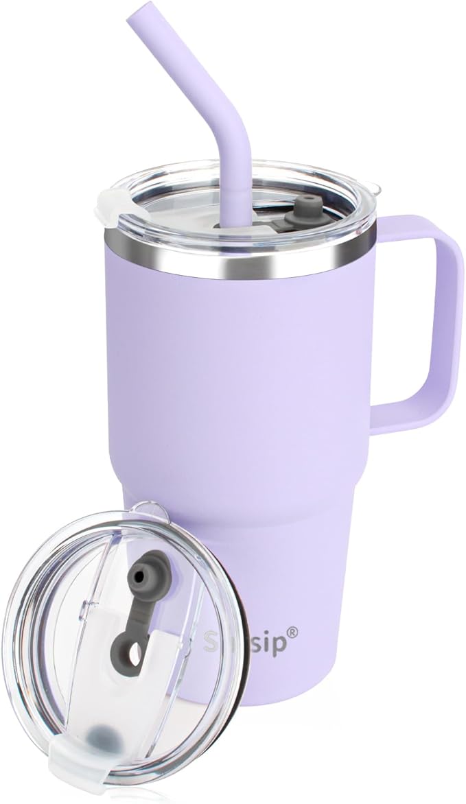 Sursip Insulated Coffee Mug with Handle and Lid, 24 oz Double Wall Vacuum Travel Thermal Coffee Tumbler with Straw for Home, Office & Outdoor Stainless Steel Coffee Cup - BPA Free(Lilac-1 Pack)