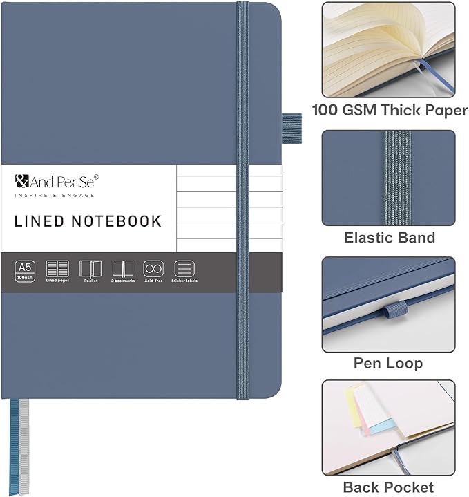 &And Per Se Lined Journal Notebook – A5 5.7”x8” College Ruled, 160 Pages, 100gsm Thick Paper, Journaling Notebooks for Writing (Dark Blue)