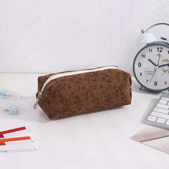 Corduroy Pencil Case for Girls Kids Large Capacity Aesthetic Pen Pouch Makeup Bag Cosmetic Organizer Cute Stationery Storage Bag for School Office Travel Minimalist Pencil Box (Floral-D)