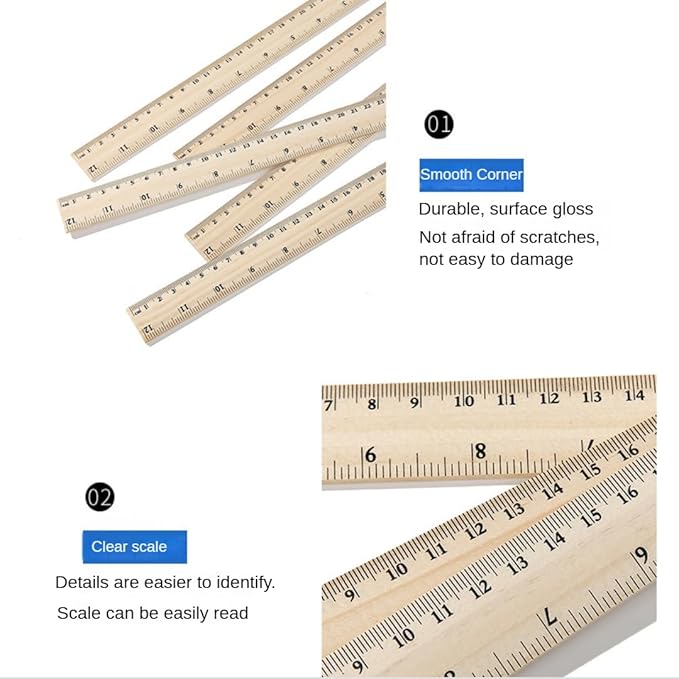 12 Pack Wooden Ruler 6 Inch Rulers Bulk Wood Measuring Ruler for Students Office School Supplies 2 Scale (15 cm)