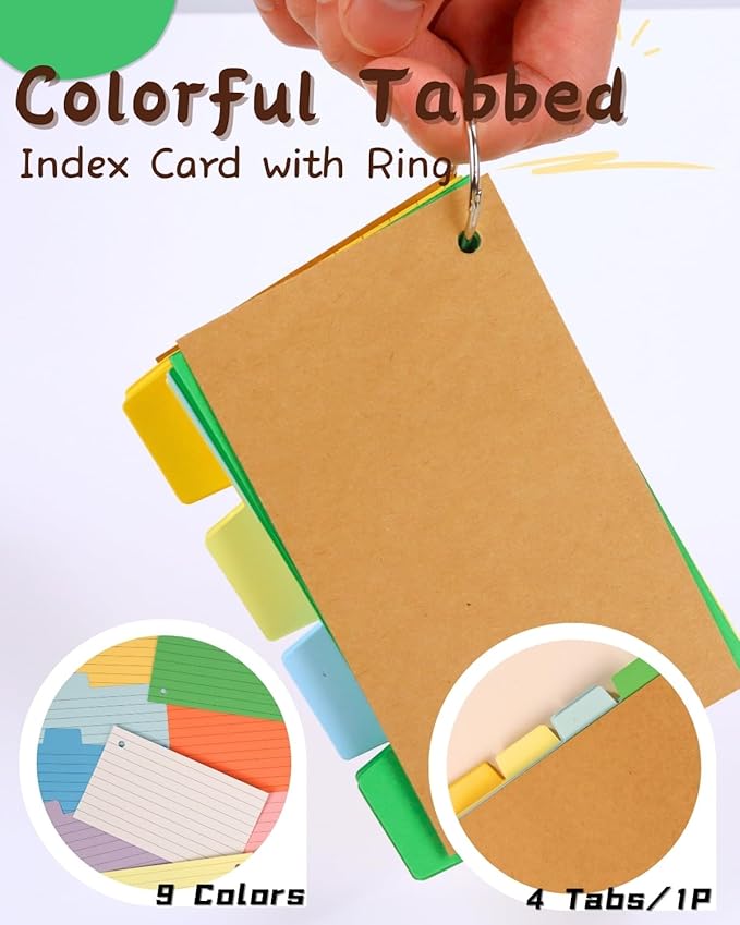 Tabbed Index Cards with Ring 3x5, Lined Colored Flash Card with Tabs, Assorted Colors Thicken Notecards School Supplies for Students Study Note Office Essentials (ColorA+ColorB+White, 300PCS)