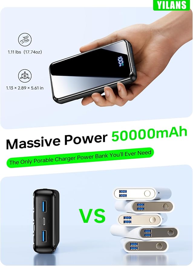 Portable Charger,50000mAh Power Bank Built-in Cable, 22.5W PD USB C In & Out Fast Charging, External Battery Pack with 6 Output & 2 Input, Travel Camping Essential for iPhone 17/16/15/14/13/12(Onyx)
