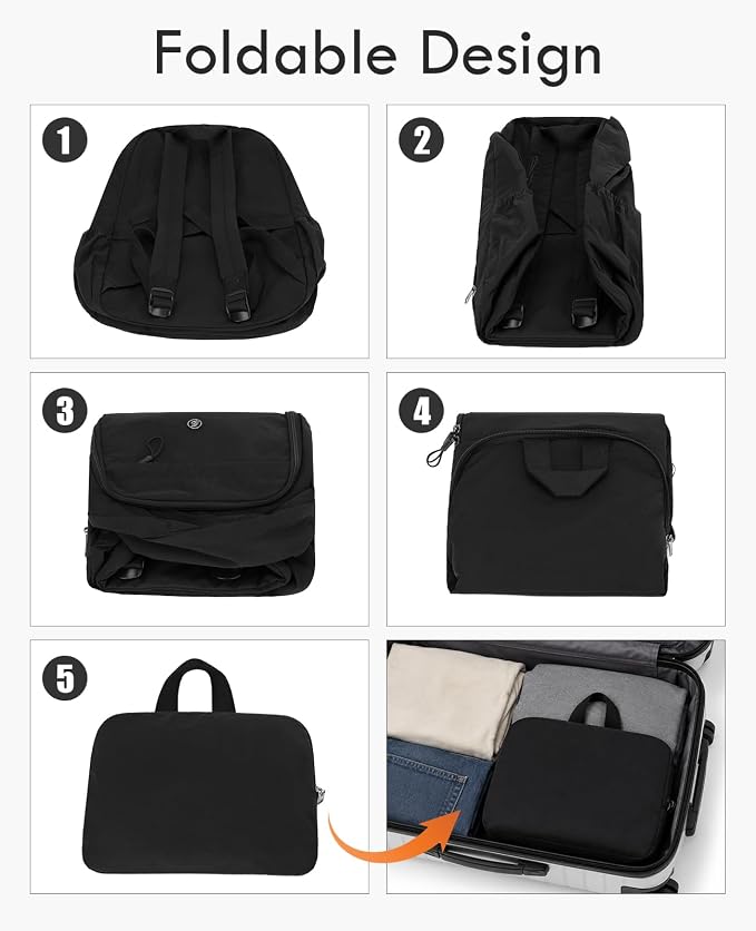 Foldable Backpack for Women, Lightweight Travel Backpack Purse Black | with Luggage Strap, Packable Causal Daypack, Chic Bookbag, Water-Resistant Gym School Backpack for Travel College Daily Use