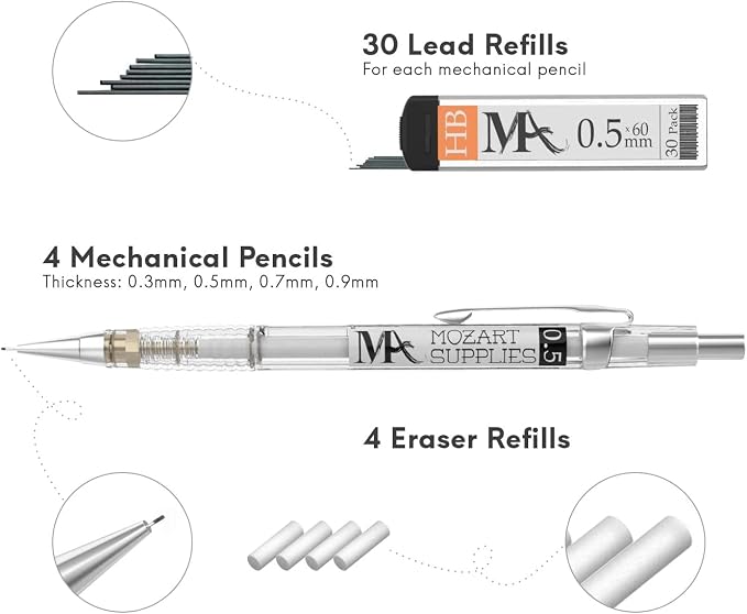 MozArt Mechanical Pencil Set 4 Sizes 0.3 0.5 0.7 0.9mm HB Lead Clear | 30 HB Lead & Eraser Refills – Sketch, Drafting, Art & Drawing for Artists, Students & Architects – Clear Transparent Body