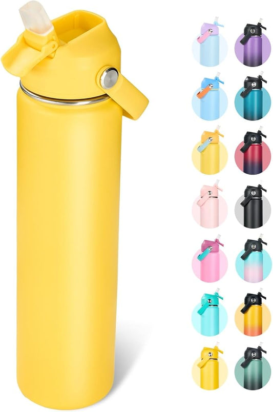 Fijinhom 24oz Insulated Stainless Steel Water Bottle, Wide Mouth Double Wall Vacuum, Silicone Straw, Sweat & Leak Proof, BPA Free Insulated Water Flask for Travel, Keep Cold 24h Hot 12h, Yellow