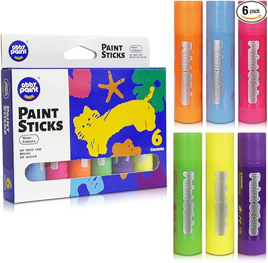 6 Pcs Neon Colors Washable Tempera Paint Sticks for Kids, Mess Free, Quick Drying, Non Toxic for Toddlers
