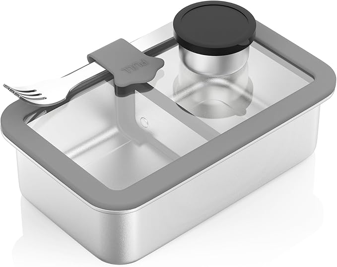 Bakpoco Stainless Steel Bento Box for Adult, 42oz Leak-Proof Metal Lunch Box Containers with Adjustable Divider, Microwave-Safe, Lunchbox with Glass Lid for Work Travel, Silver