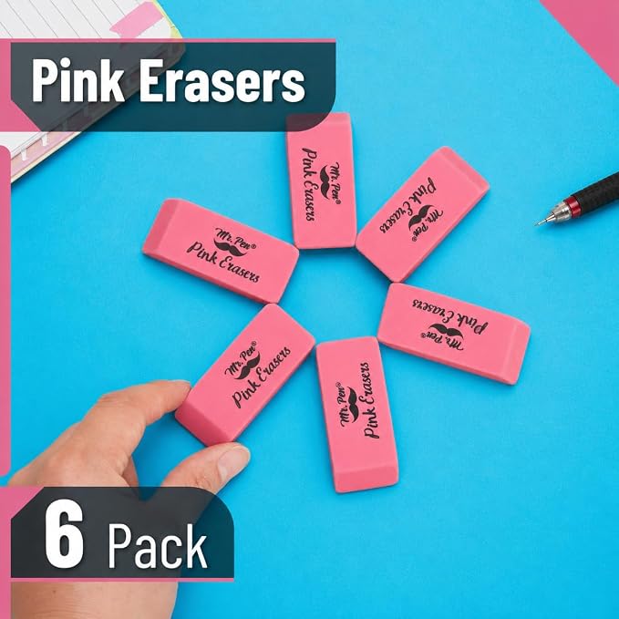 Mr. Pen- Pink Pencil Eraser, 6 Pack, Large Latex Free
