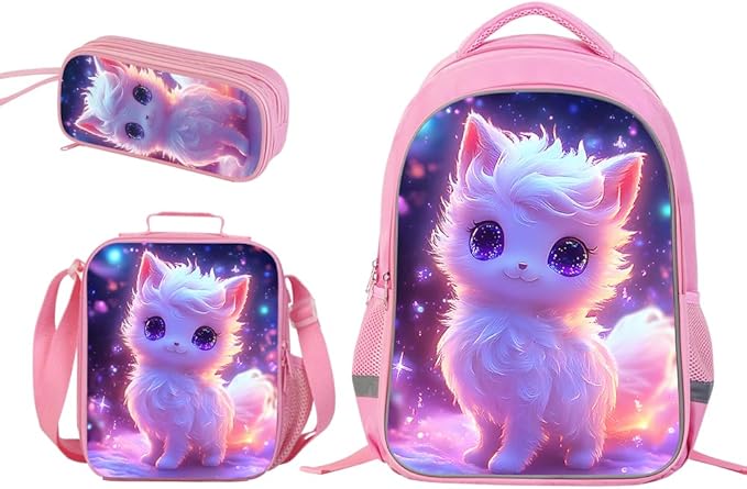 HiMagics Kids Backpack for Girls- 3pcs 17″ Girls Backpack with Lunch Box Set for Toddle Elementary Middle School - Students Bag for Ages 6-18 Fox Bookbag Travel Back Pack