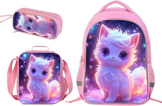 HiMagics Kids Backpack for Girls- 3pcs 17″ Girls Backpack with Lunch Box Set for Toddle Elementary Middle School - Students Bag for Ages 6-18 Fox Bookbag Travel Back Pack
