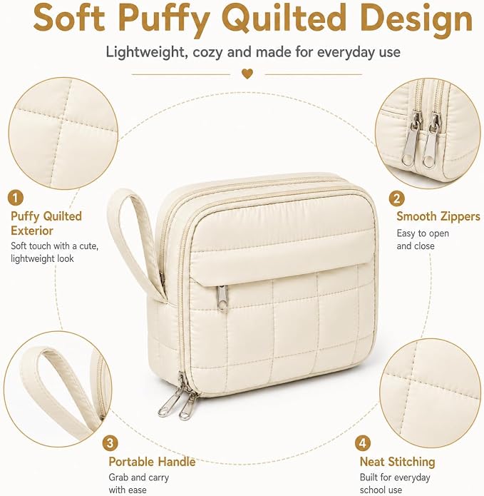 Puffer Quilted Pencil Pouch for Women, Large Capacity Organizer Bag with Multiple Compartments, Cute Aesthetic Pencil Case for Office, Travel & Daily Essentials (blue)