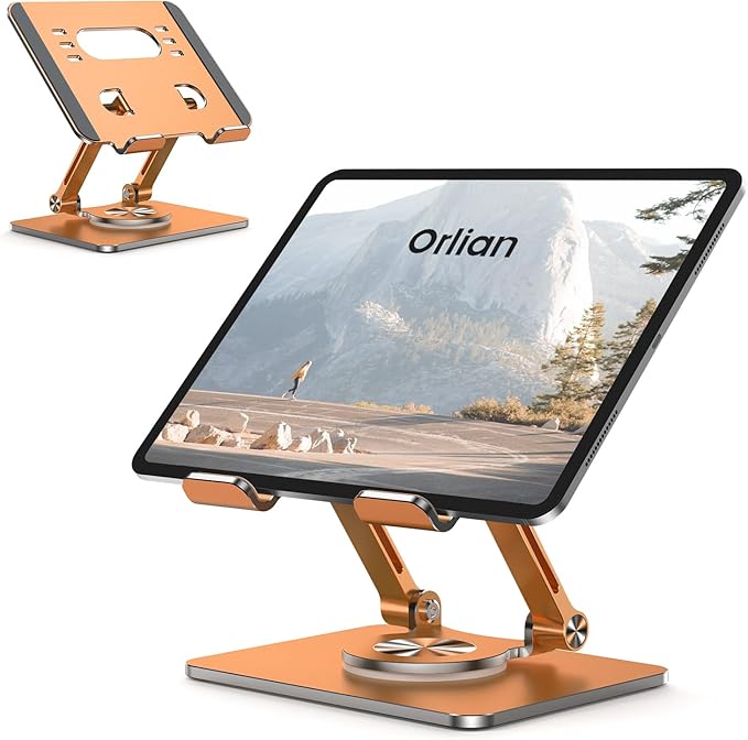 Orlian Tablet Stand Holder with Thickened 360°Rotating Base Dual Rod Adjustable Aluminum Stand for All 5.8-12.9” iPad Samsung Phone Tablet Kindle E-Reader and More, Rose
