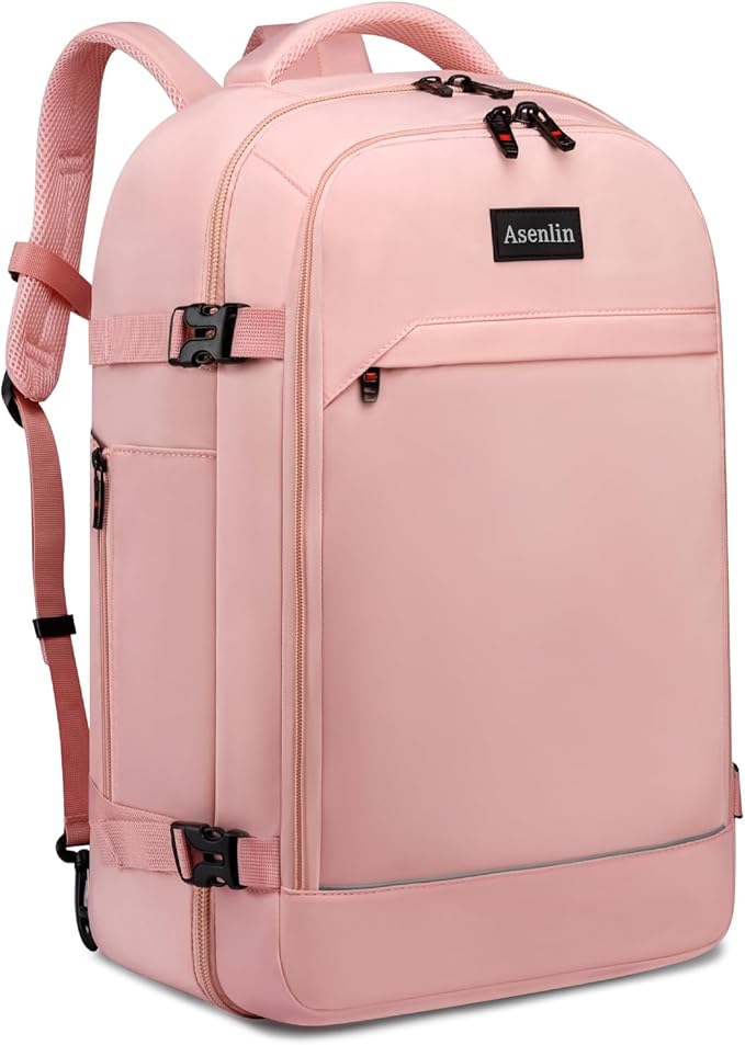 Asenlin Travel Backpack for Women Men,Flight Approved Carry On Luggage 40L Water Resistant Business Laptop Backpacks Fits TSA 17.3 Inch Computer College Weekender Outdoor Hiking-Pink