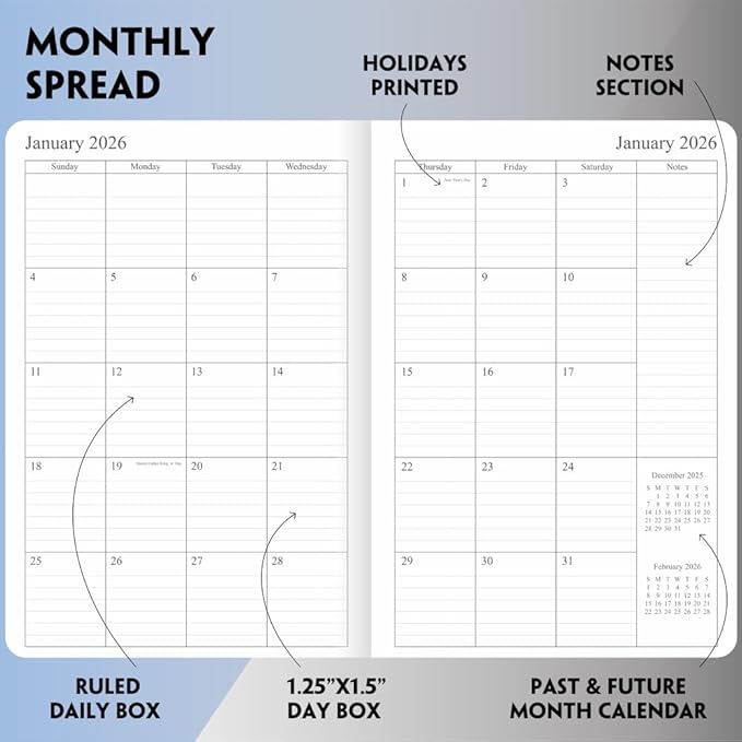 2026 Planner - Weekly and Monthly Planner, Jan 2026 - Dec 2026, Holidays, Contacts and Notes Pages, Vegan Leather Cover, Elastic Closure, 5.5”x8.25”, Rose Gold
