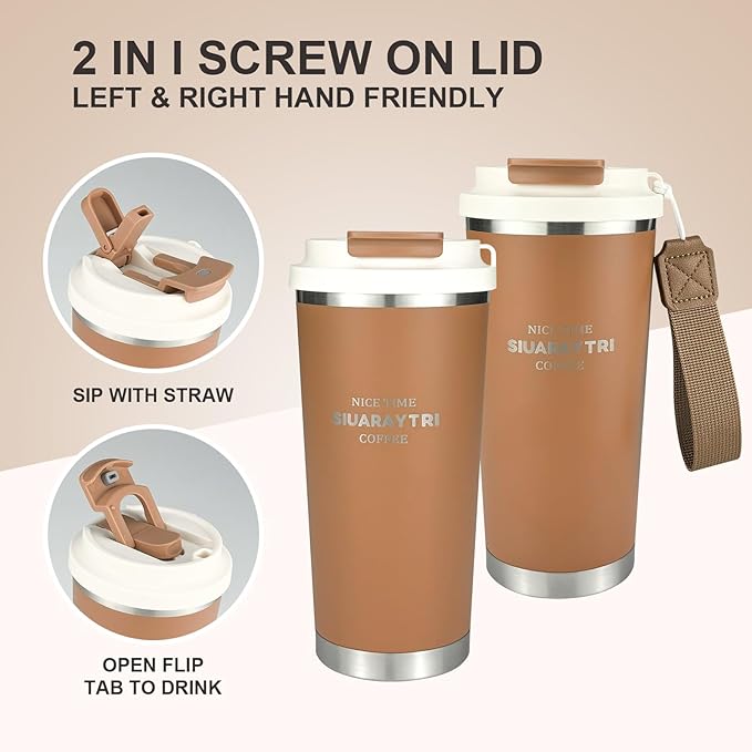 20oz Tumbler Stainless Steel Vacuum Insulated Coffee Travel Mug Reusable Iced Coffee Cup Hot Coffee Travel Mug with lid and straw Cupholder Friendly Leak-Proof BPA Free (Brown)