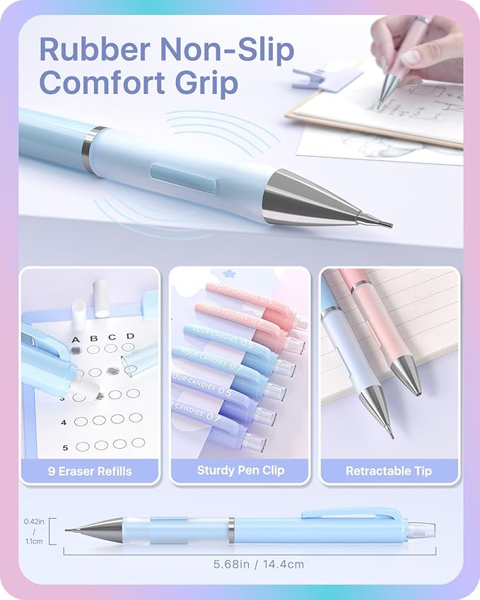 Four Candies 6PCS Cute Mechanical Pencil Set, 0.5mm & 0.7mm with 360PCS Lead Refills, Pastel Erasers & Case, Clean Girl Preppy School Supplies for College Standardized Tests and Schoolwork