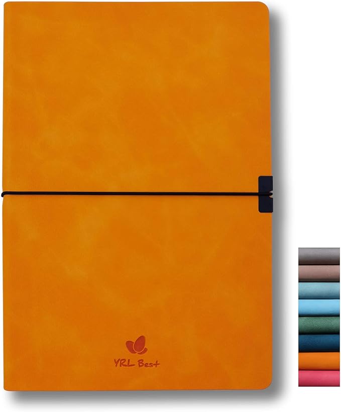 Softcover Bullet Notebook Journal, Dotted/Dot Grid, A5, 5.8x8.3 Inches, Premium Faux Leather, Creamy Thick Paper, Sewn Bound, Elastic Band, Inner Pocket, Pen Loop, Lays Flat, Orange